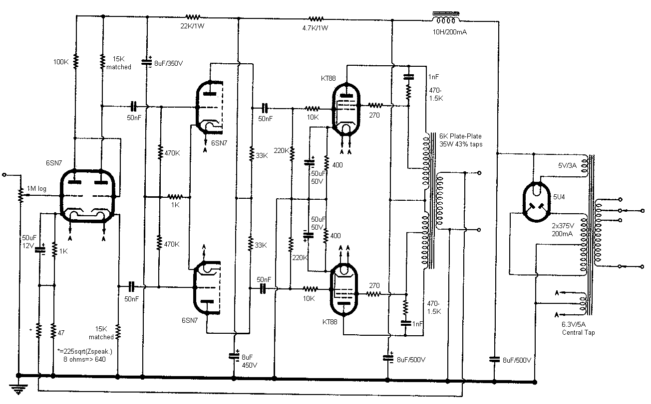 KT88 Schematic by GEC Ltd in December 1957. Power 100W.